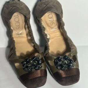 Tod's Olive & Brown Jeweled Ballet Flats